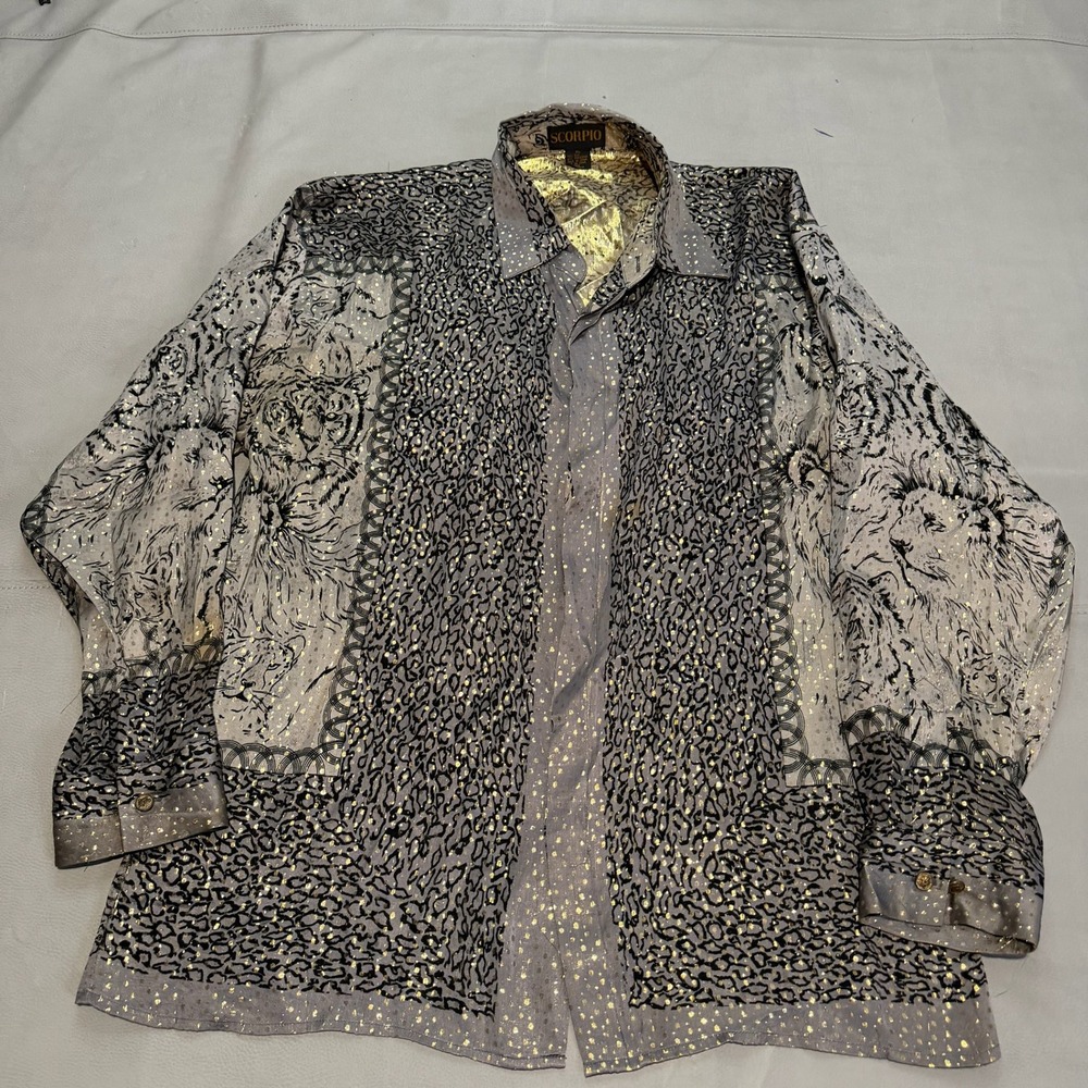 VTG Silk Shirt XL Gray Gold Animal Print Tiger Lion Leopard Cheetah Big Cat-6165